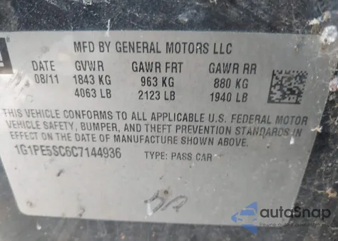 2012 Chevrolet Cruze Lt из США, поврежденный, VIN 1G1PE5SC6C7144936